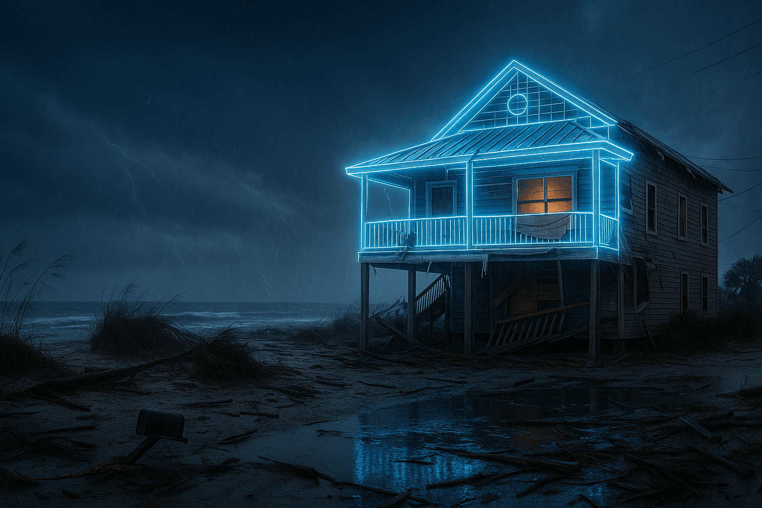 Storm clouds over a Florida home with a ClaimGuardian property record overlay